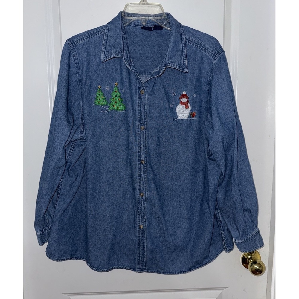 Vintage Holiday Editions Embroidered Denim Shirt Women's Size 1X  Christmas.‎